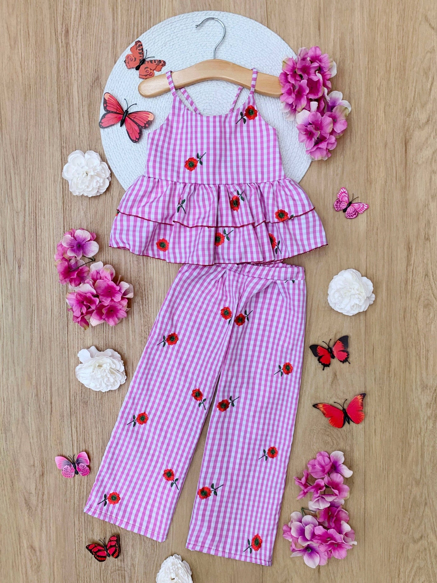 BEACH BLOSSOM GINGHAM EMBROIDERED PEPLUM TOP AND PANTS SET