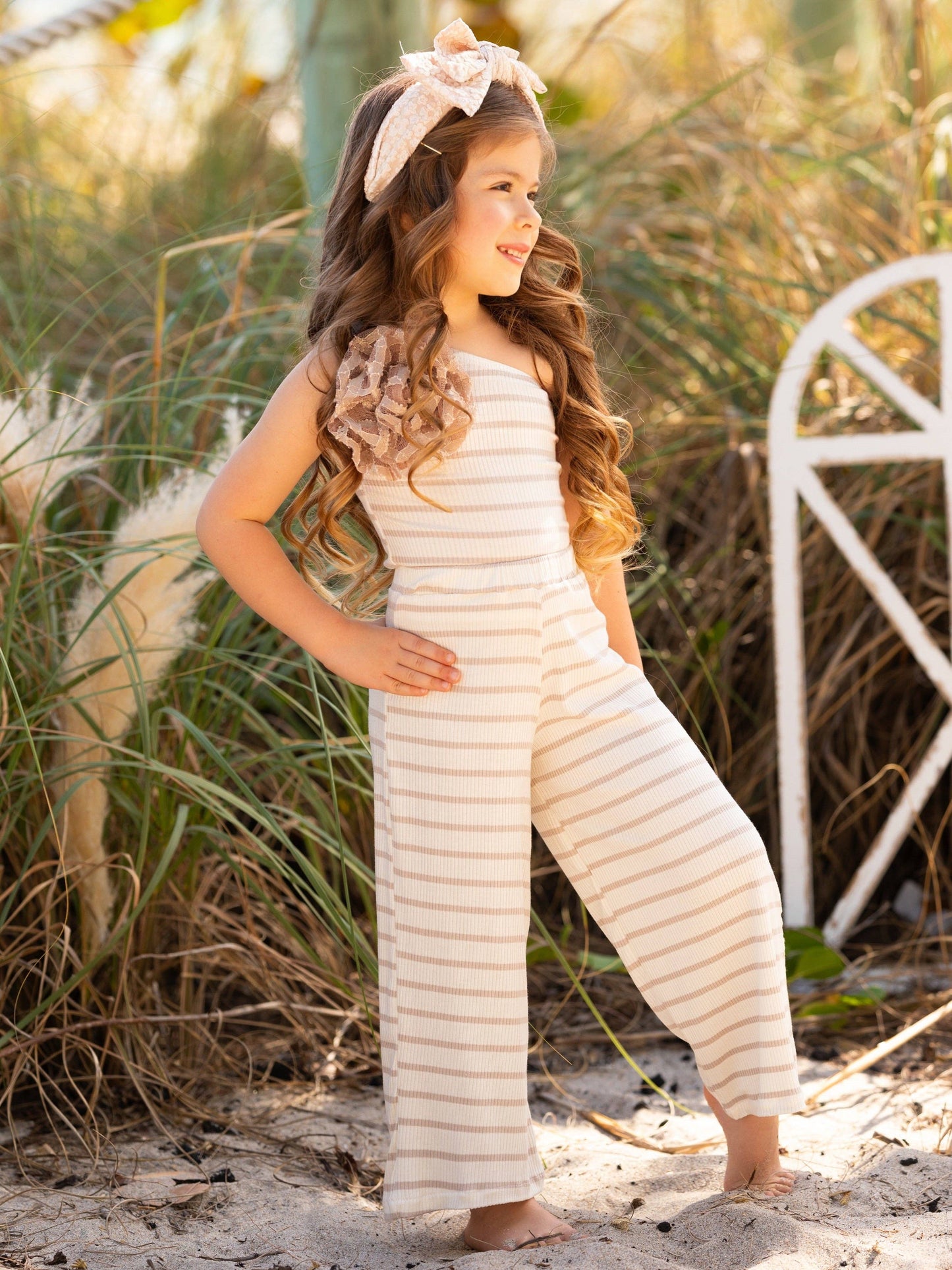 SANDY STROLL STRIPED ONE-SHOULDER TOP AND PALAZZO PANTS SET