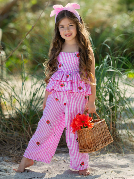 BEACH BLOSSOM GINGHAM EMBROIDERED PEPLUM TOP AND PANTS SET