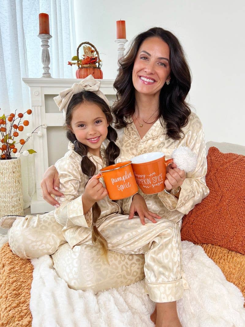 MOMMY AND ME CREAM LEOPARD PRINT SILK PAJAMA SET