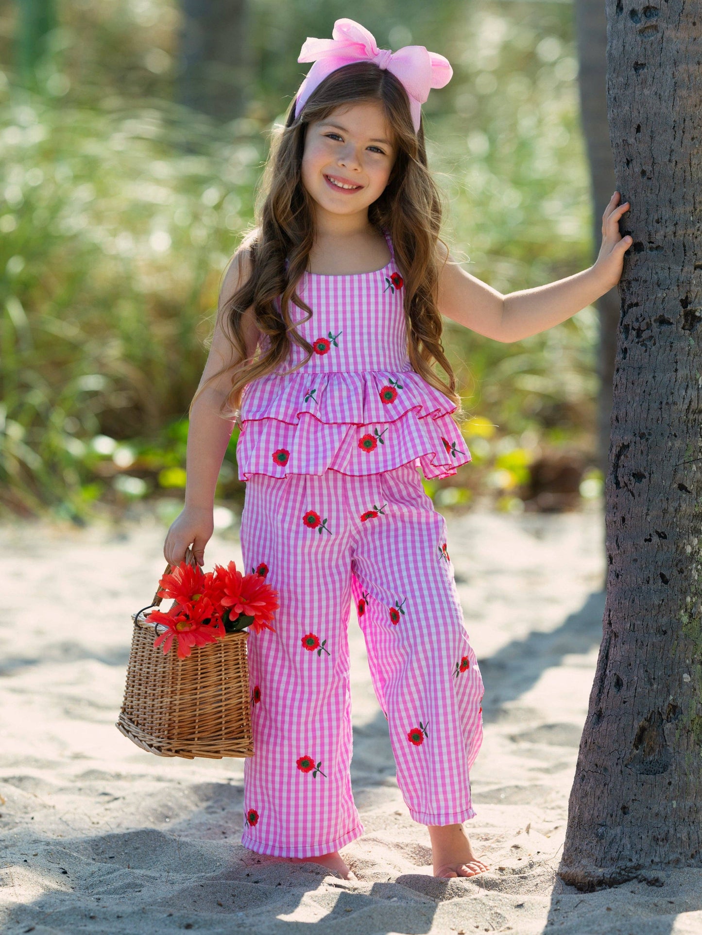 BEACH BLOSSOM GINGHAM EMBROIDERED PEPLUM TOP AND PANTS SET